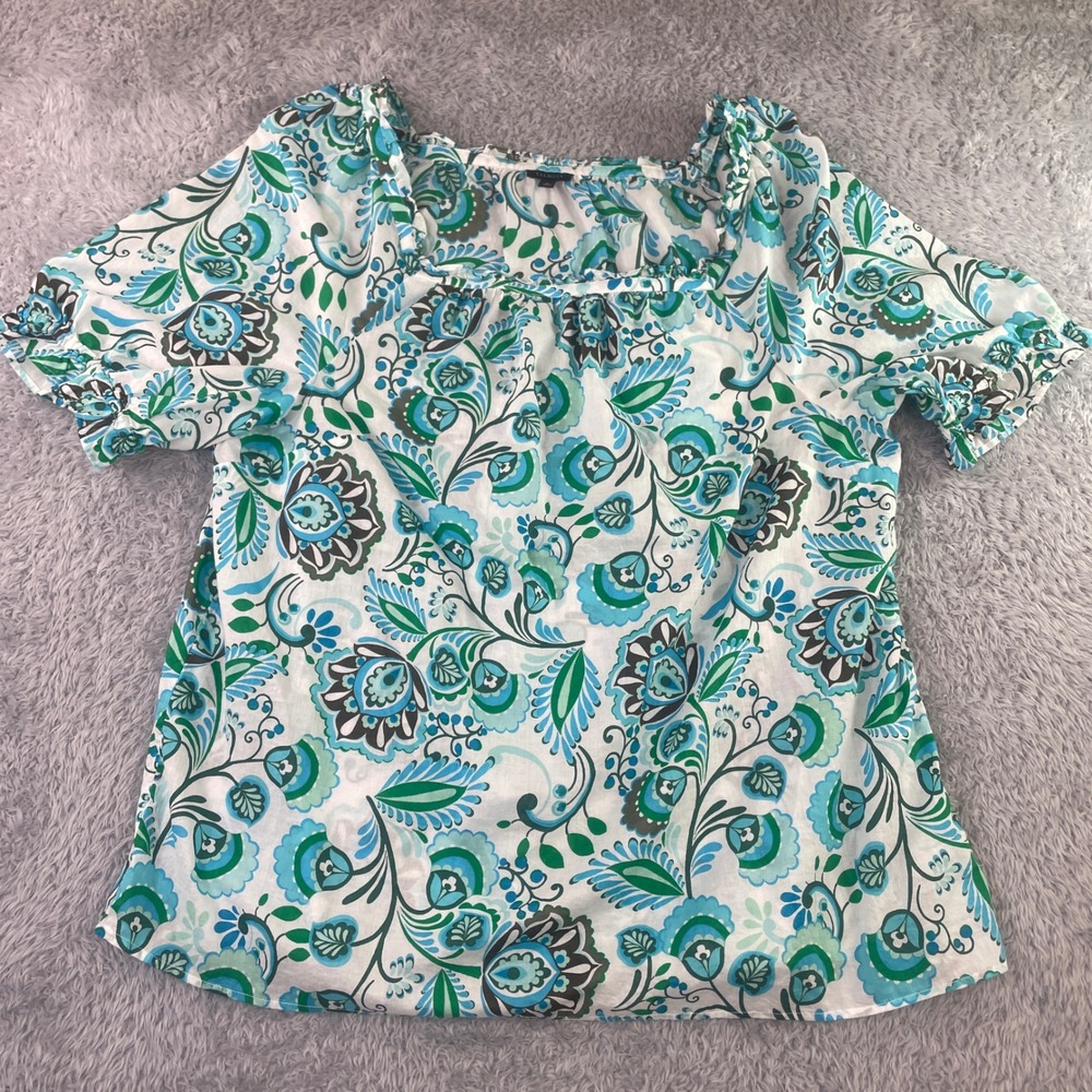 Talbots Blouse Womens XL Blue Green Floral Paisley Square Neck Puff Sleeve Top